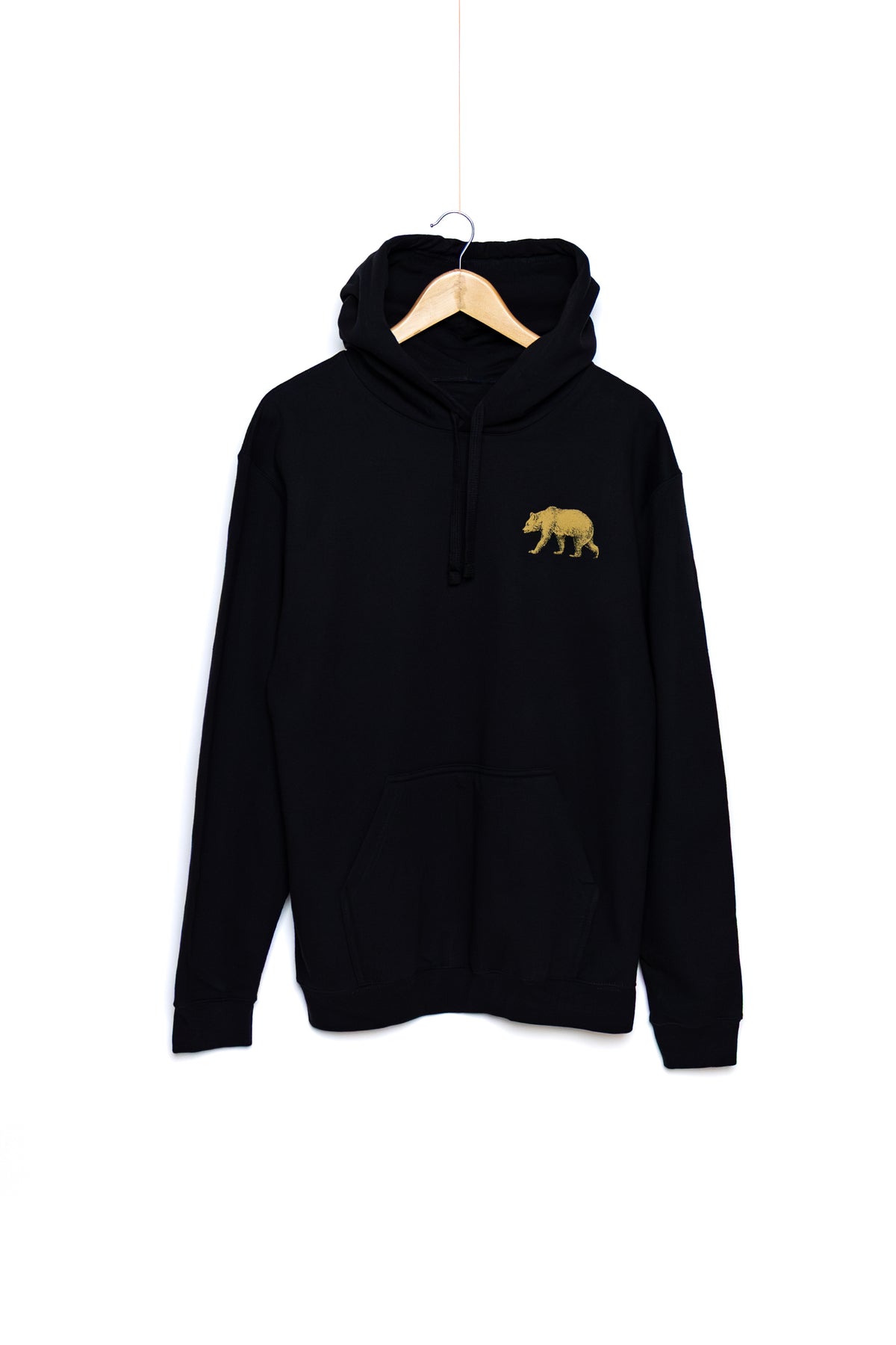 Front of the black Pub Saint Pierre pullover hoodie with the hood up